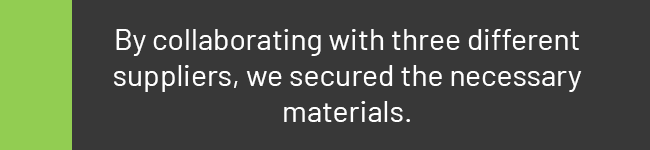 Image of white text on a dark gray background with a green on the lefthand side reading 'By collaborating with three different suppliers, we secured the necessary materials.'